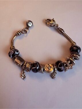 Black and Silver Beaded Charm Bracelet - Unknown Brand